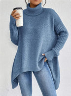 Pull col roulé femme à ourlet asymétrique, ample, du S au 2XL, bleu ciel