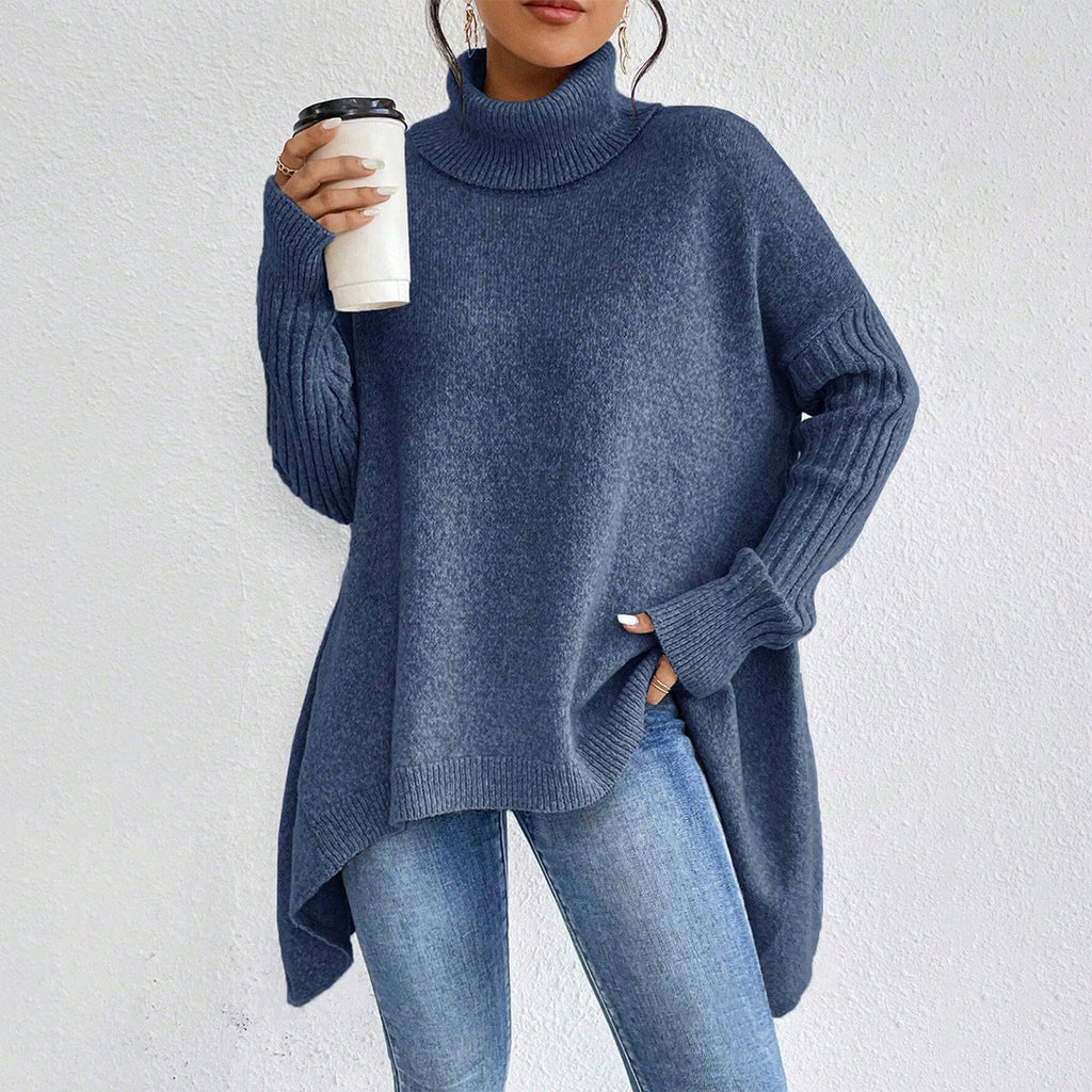 Pull col roulé femme à ourlet asymétrique, ample, du S au 2XL, bleu foncé