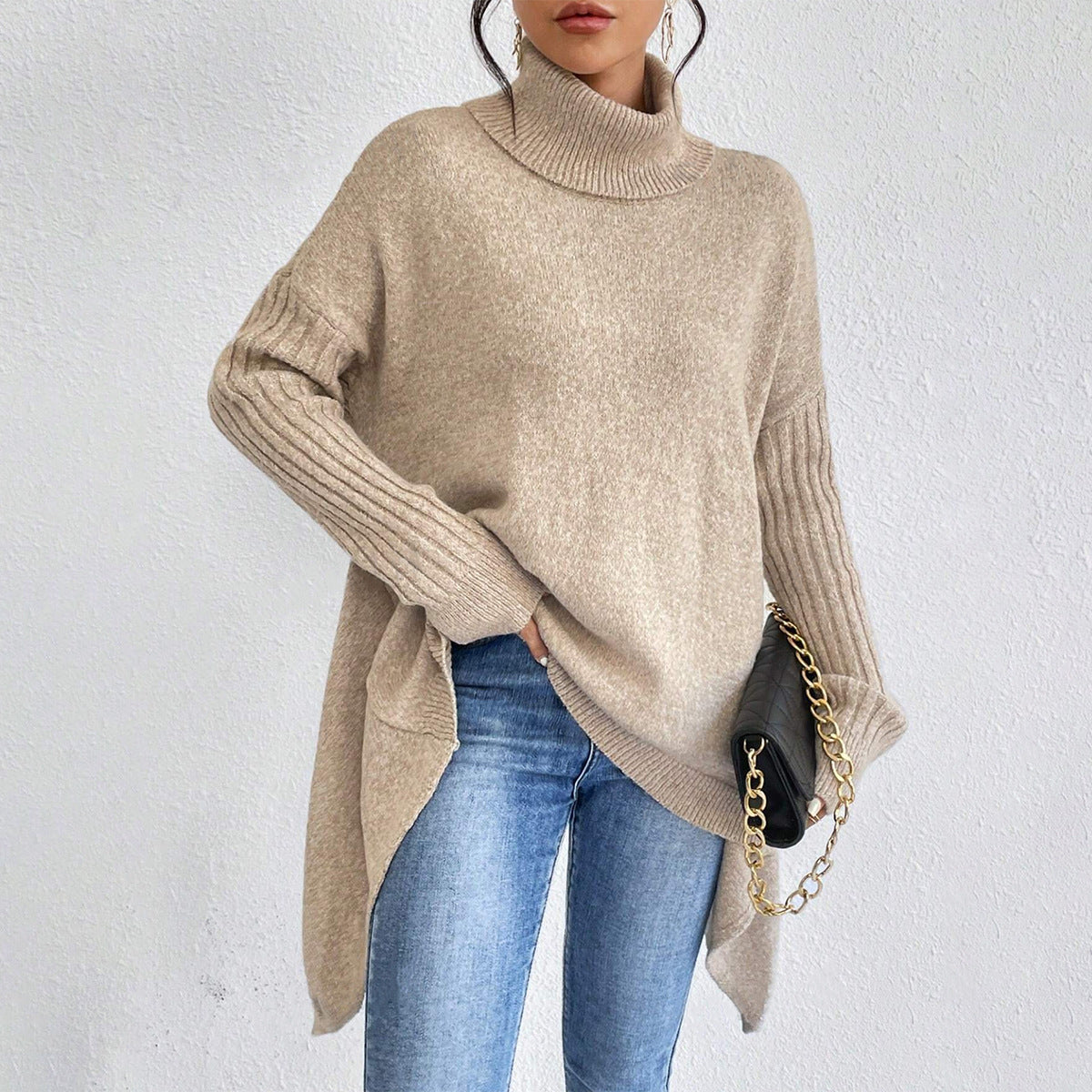 Pull col roulé femme à ourlet asymétrique, ample, du S au 2XL