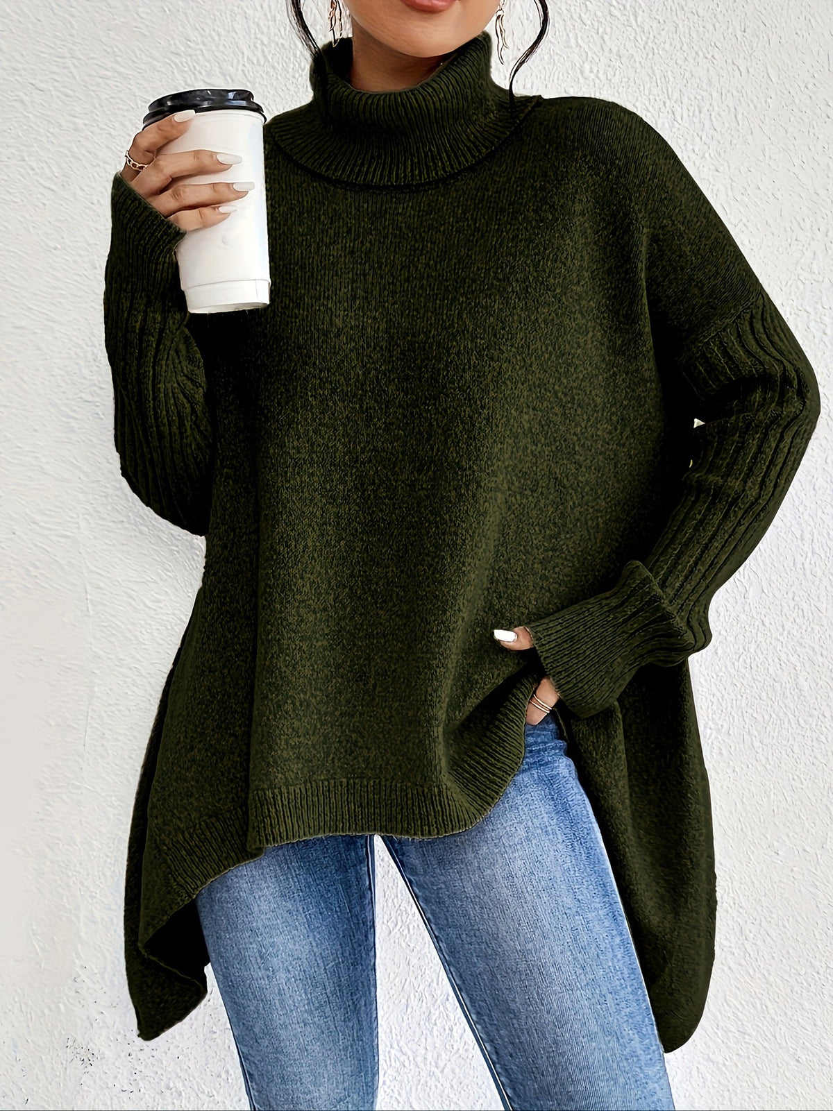 Pull col roulé femme à ourlet asymétrique, ample, du S au 2XL, vert foncé