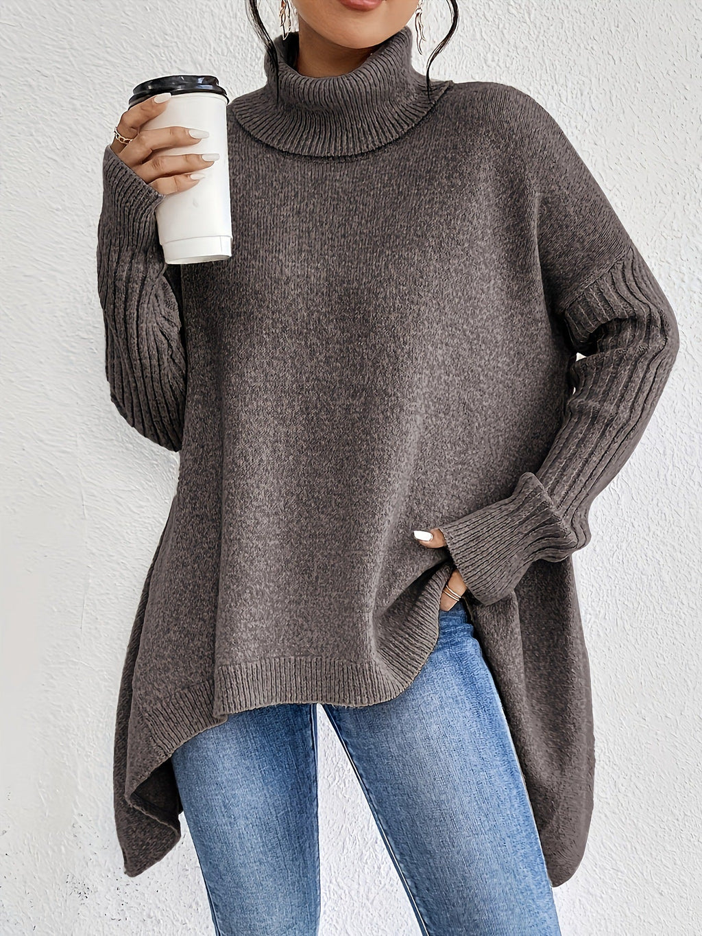 Pull col roulé femme à ourlet asymétrique, ample, du S au 2XL, marron clair