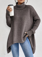 Pull col roulé femme à ourlet asymétrique, ample, du S au 2XL, marron clair
