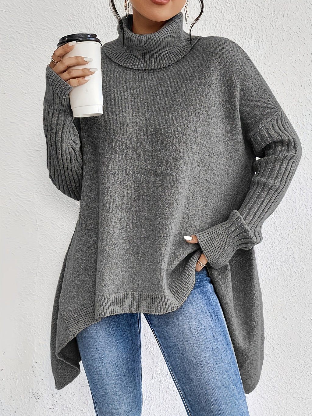 Pull col roulé femme à ourlet asymétrique, ample, du S au 2XL, gris