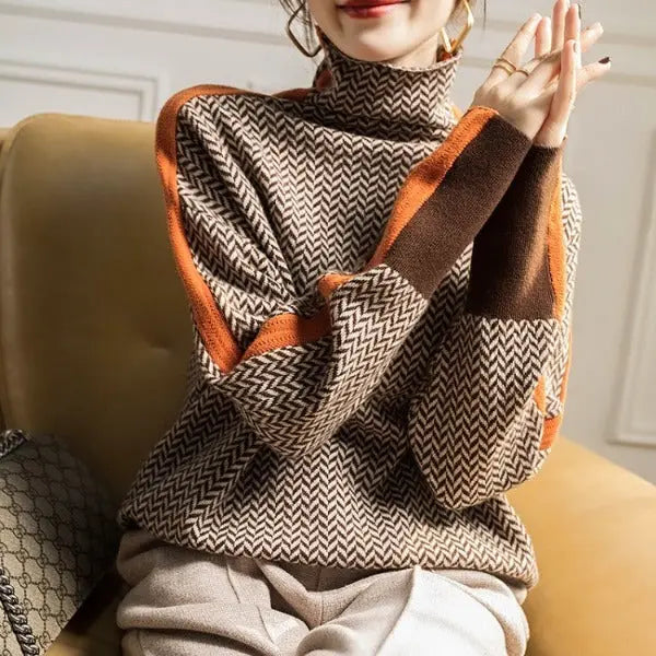 Pull col roulé femme, orange ou vert, en taille ajustable