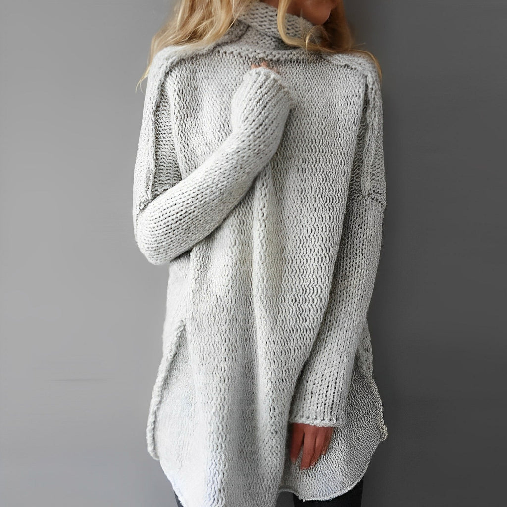Pull long femme col rond, coupe décontractée, gris ou noir, gris