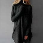 Pull long femme col rond, coupe décontractée, gris ou noir, noir