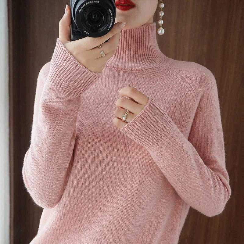 Pull col roulé femme coupe ample, neuf coloris, du S au 2XL, rose