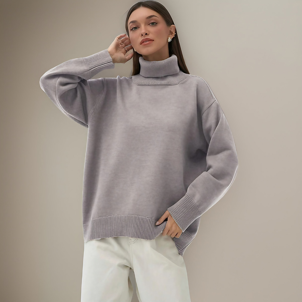 Pull col roulé femme à manches longues, dix coloris, gris