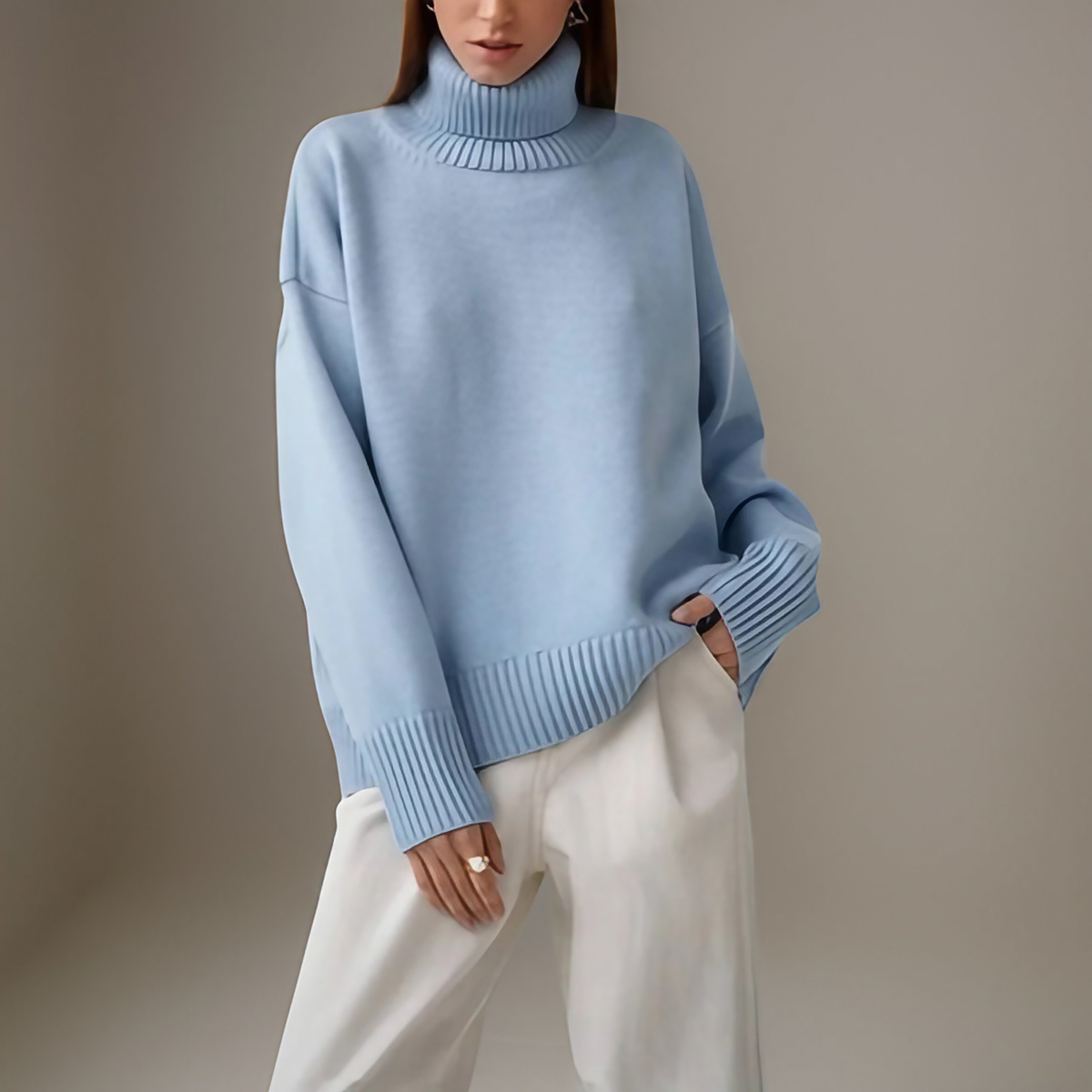 Pull col roulé femme à manches longues, dix coloris, bleu ciel
