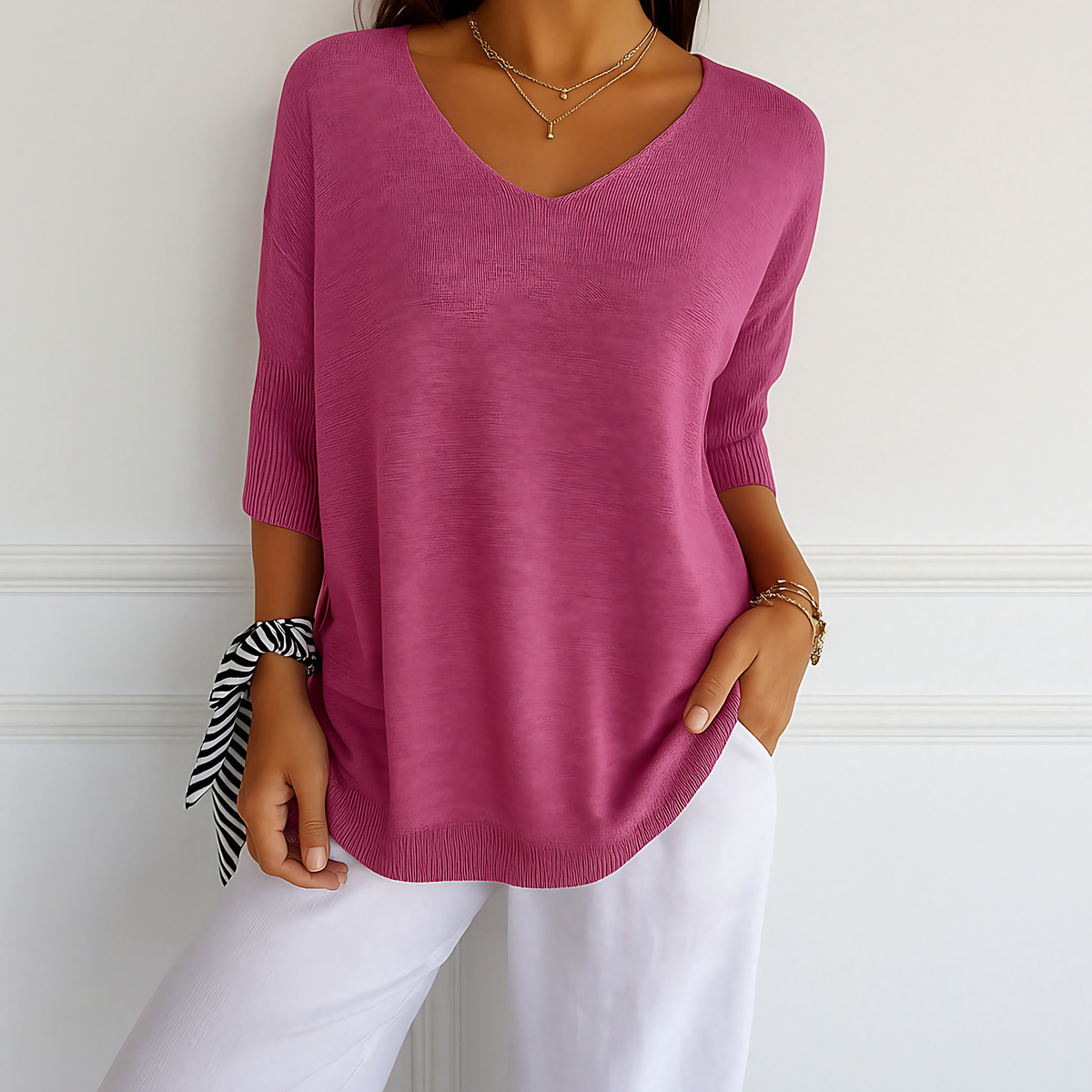 Pull col V femme coupe ajustée, onze coloris, du XS au 3XL, rose