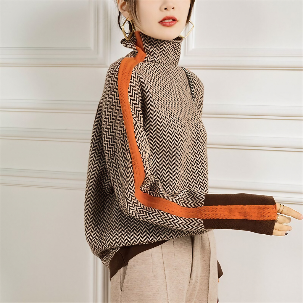 Pull col roulé femme d'automne, couleurs contrastées