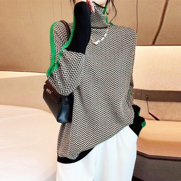 Pull col roulé femme d'automne, couleurs contrastées, vert