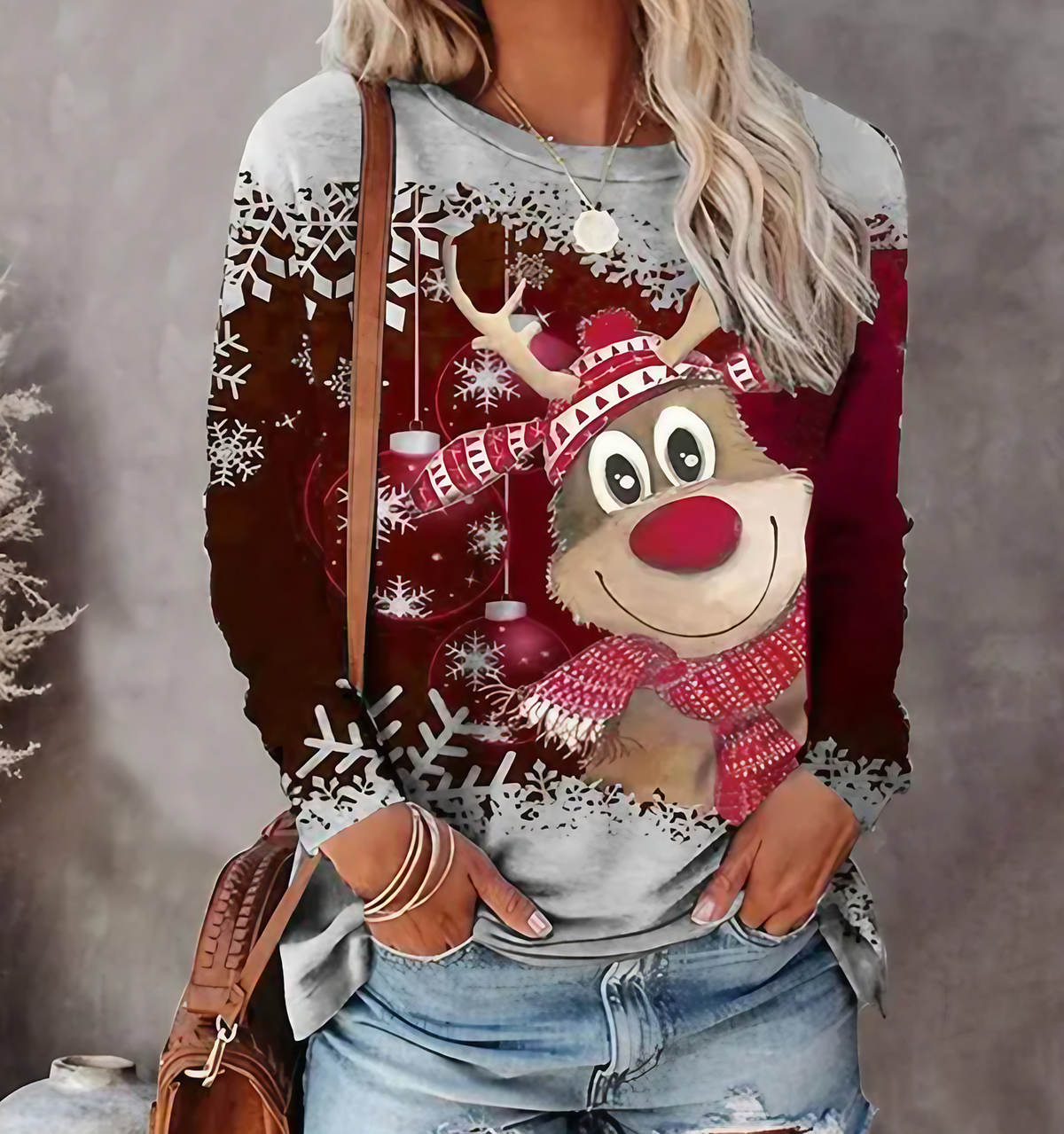 Pull de Noël femme à motifs rennes et flocons, S au 6XL, rouge foncé