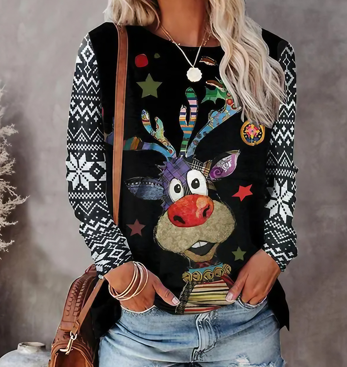 Pull de Noël femme à motifs rennes et flocons, S au 6XL, noir