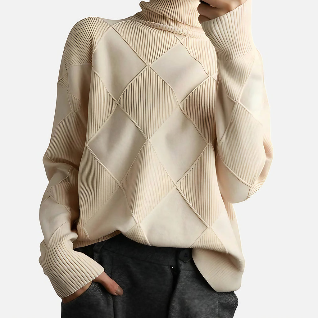 Pull col roulé homme en maille à losanges, coupe ample, kaki