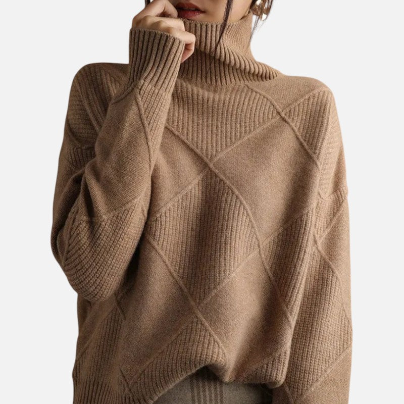 Pull col roulé homme en maille à losanges, coupe ample, marron
