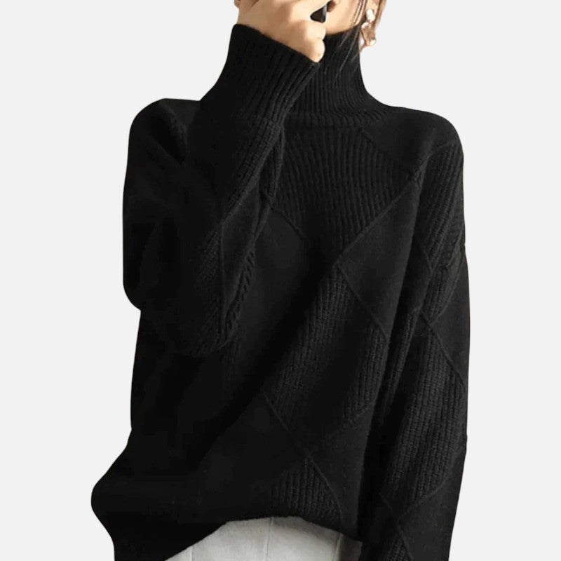 Pull col roulé homme en maille à losanges, coupe ample, noir