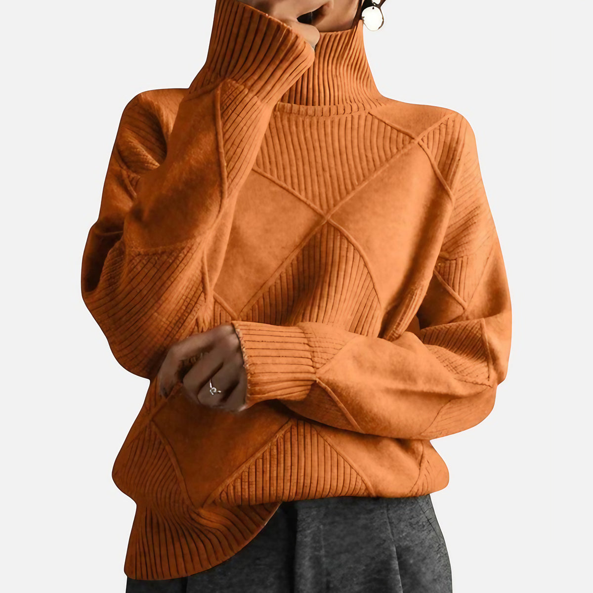 Pull col roulé homme en maille à losanges, coupe ample, orange