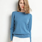 Pull femme col rond à manches longues, uni, douze coloris, bleu