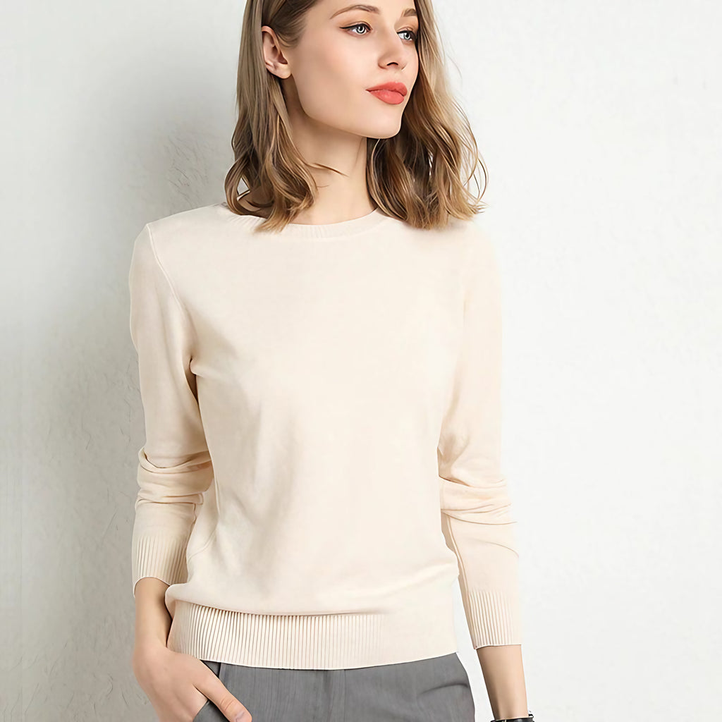 Pull femme col rond à manches longues, uni, douze coloris, beige