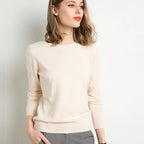 Pull femme col rond à manches longues, uni, douze coloris, beige