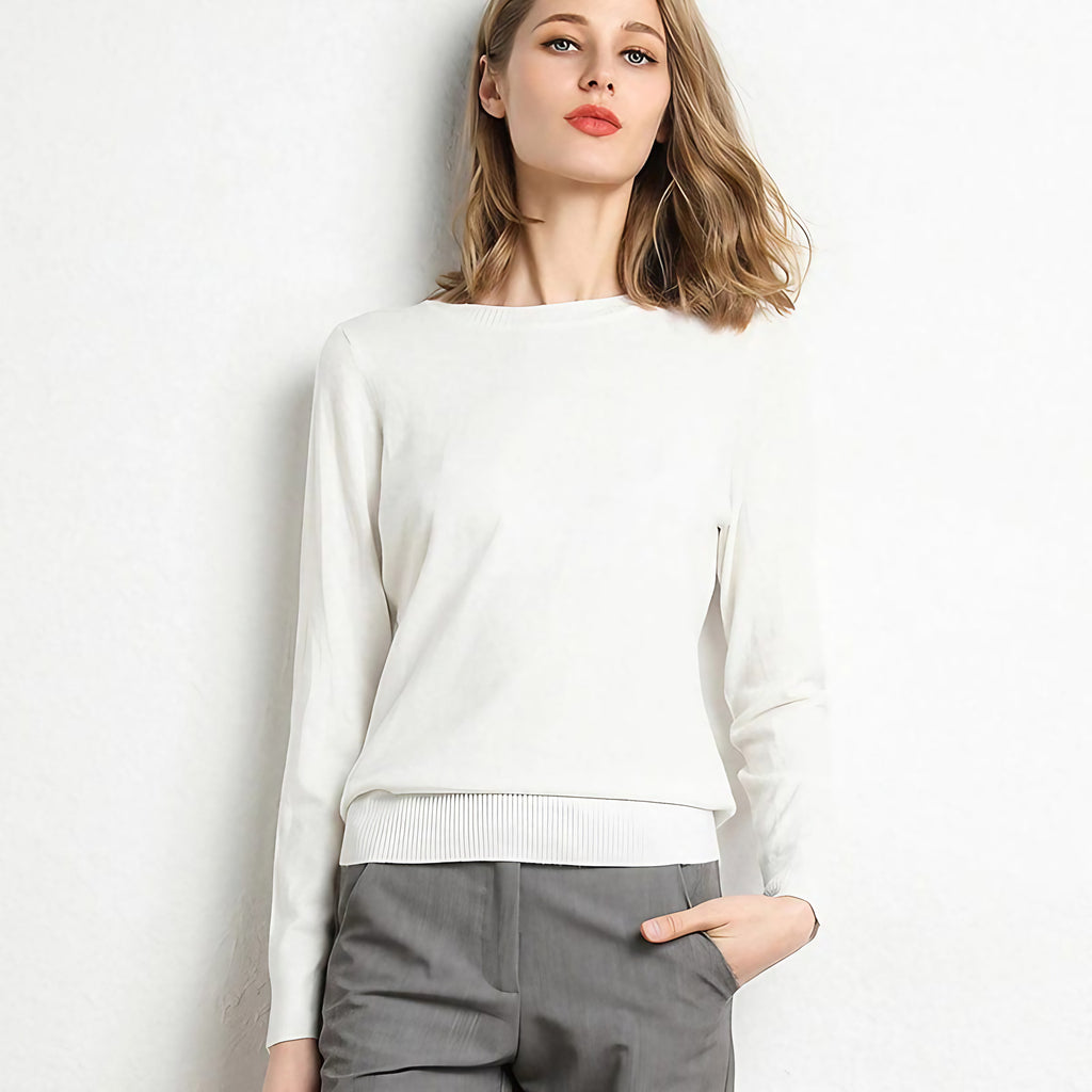 Pull femme col rond à manches longues, uni, douze coloris, blanc