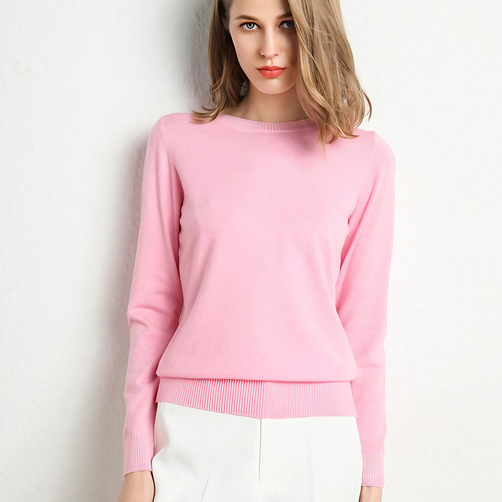Pull femme col rond à manches longues, uni, douze coloris, rose