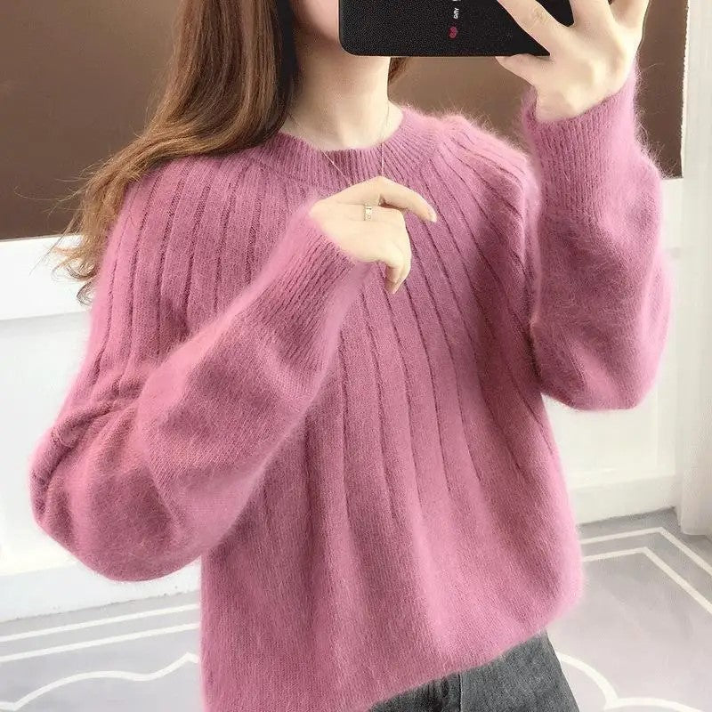 Pull femme col rond à coupe ample, sept coloris pastel et vifs, rose