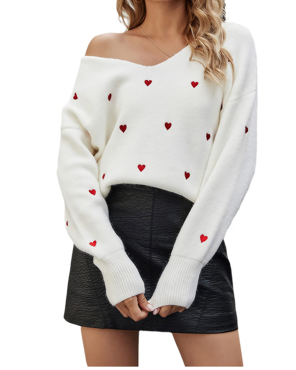 Pull blanc femme col V à motif cœur en relief, du S au 2XL, blanc