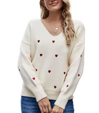 Pull blanc femme col V à motif cœur en relief, du S au 2XL