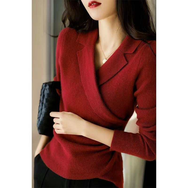 Pull col Claudine femme ajusté, ourlet asymétrique, rouge