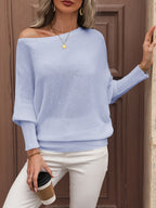 Pull épaules dénudées femme à manches ballon, coupe ample, bleu