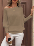Pull épaules dénudées femme à manches ballon, coupe ample, kaki