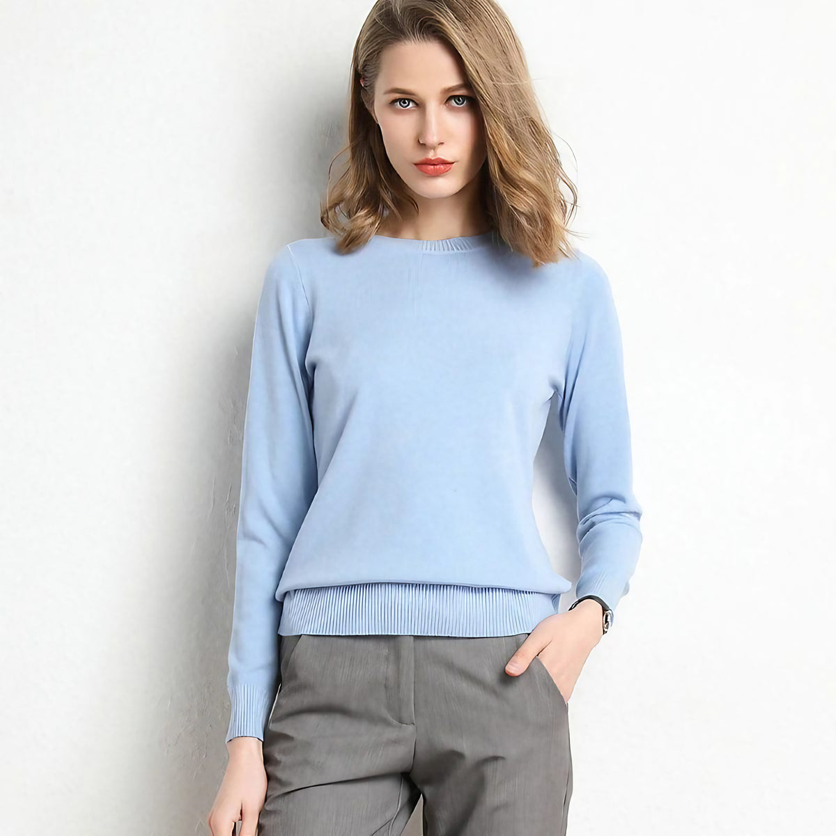 Pull col rond femme en maille unie, douze coloris, XS au 4XL, bleu clair