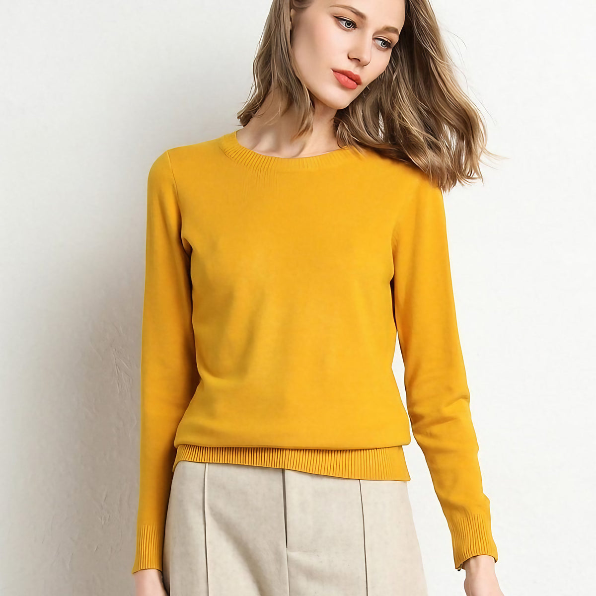 Pull col rond femme en maille unie, douze coloris, XS au 4XL, jaune