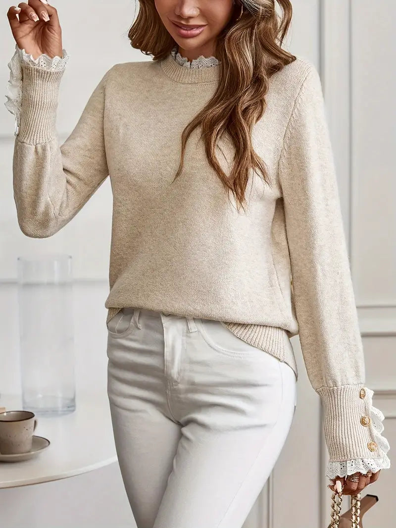 Pull femme col rond en maille fine, kaki, du XS au XL