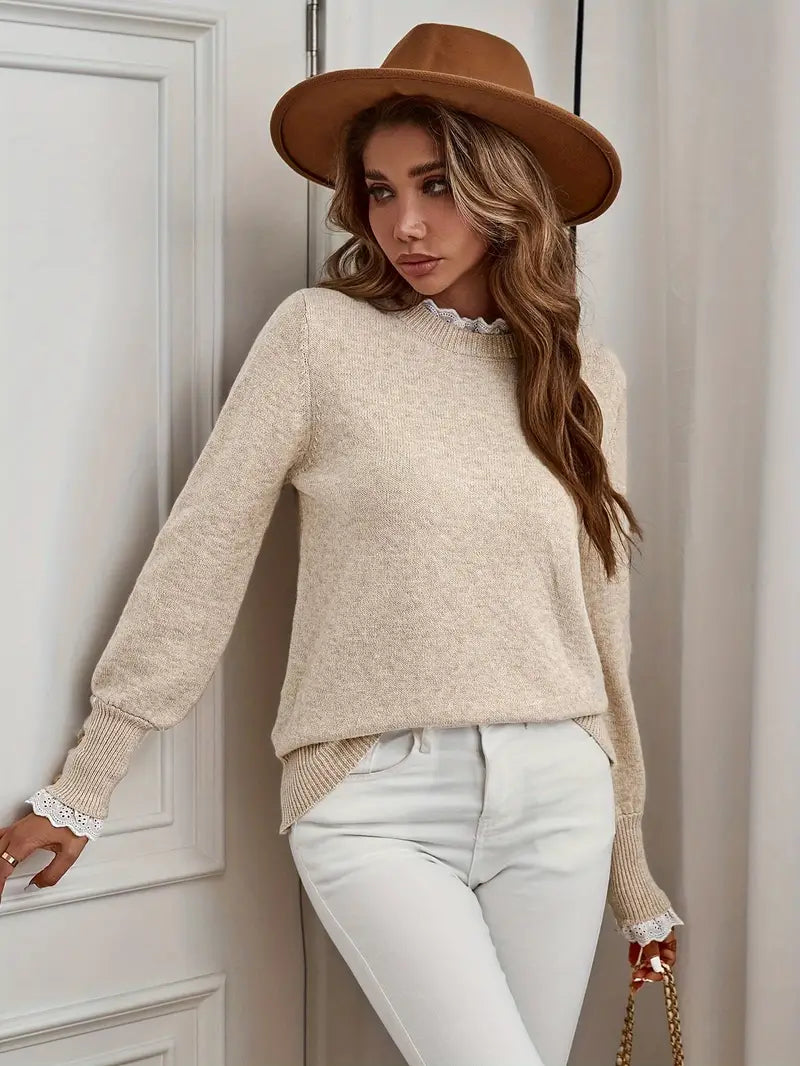 Pull femme col rond en maille fine, kaki, du XS au XL