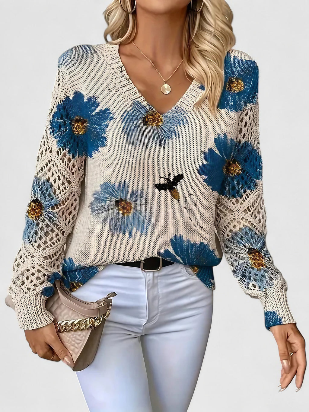 Pull col V femme à motif fleuri, manches longues, bleu