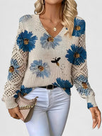 Pull col V femme à motif fleuri, manches longues, bleu