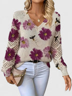 Pull col V femme à motif fleuri, manches longues, violet