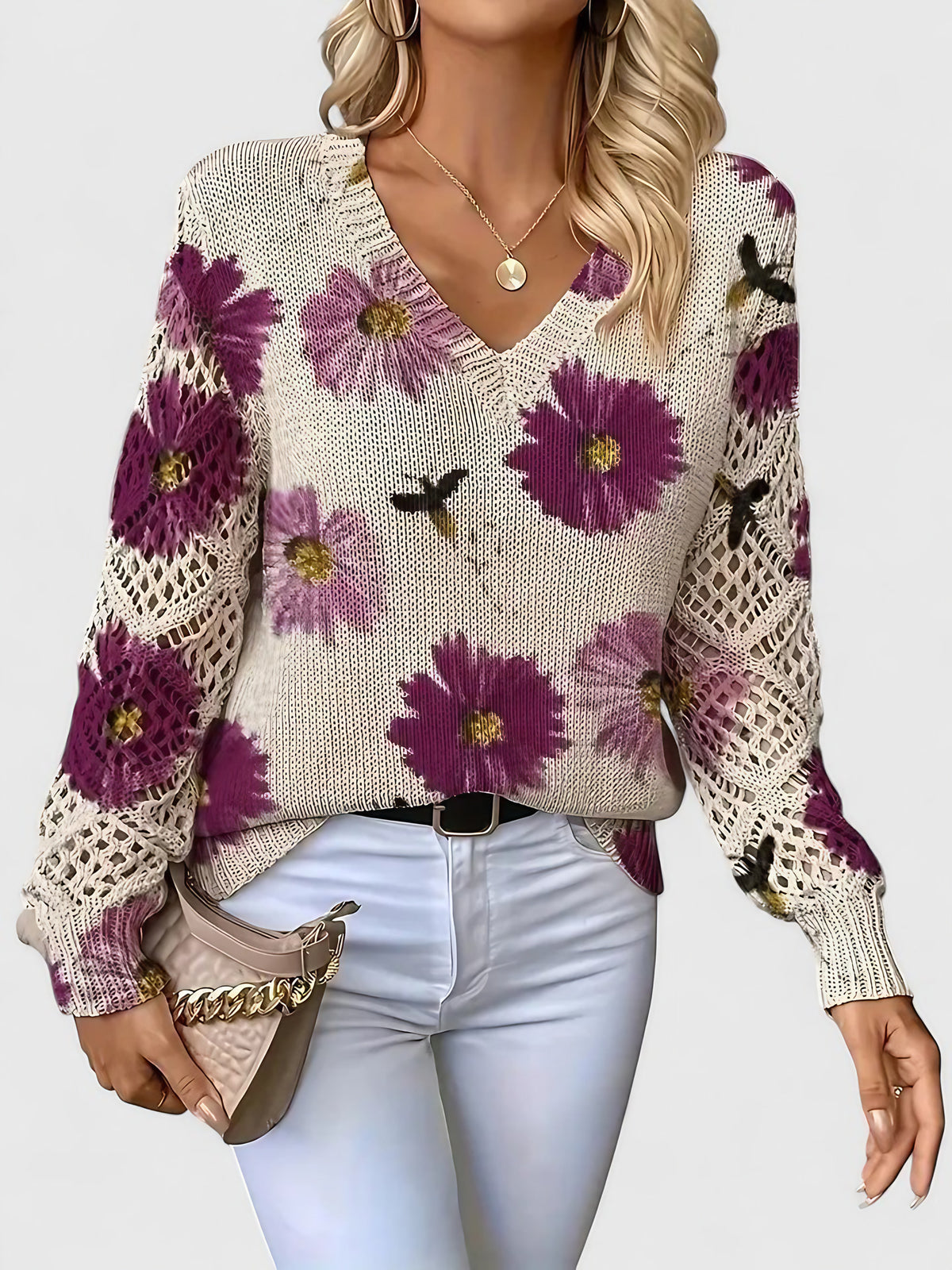 Pull col V femme à motif fleuri, manches longues, violet