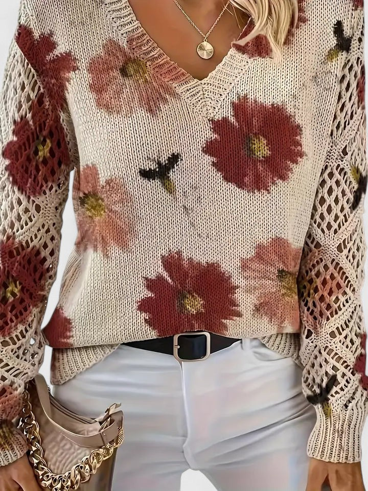 Pull col V femme à motif fleuri, manches longues