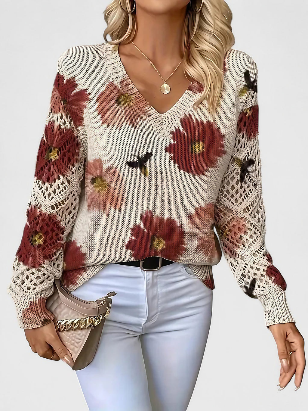 Pull col V femme à motif fleuri, manches longues, rouge