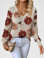Pull col V femme à motif fleuri, manches longues, rouge