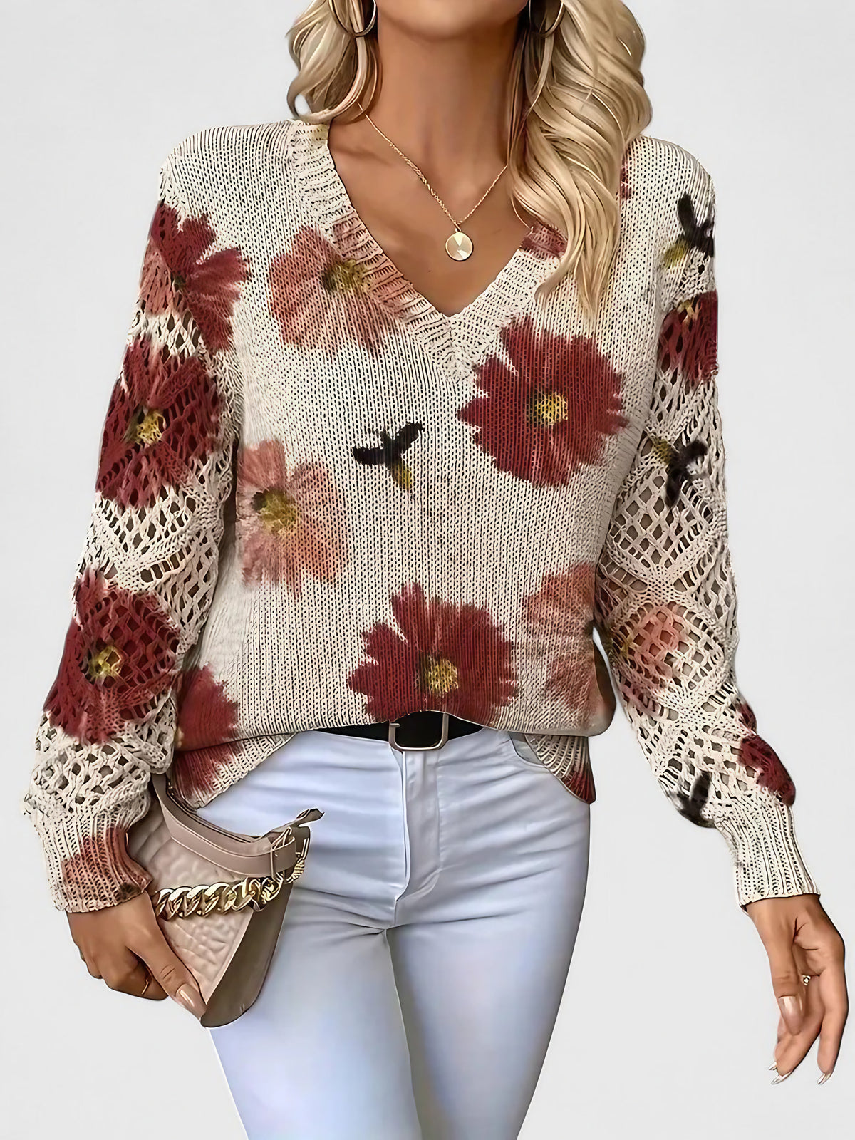Pull col V femme à motif fleuri, manches longues, rouge