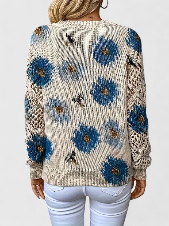 Pull col V femme à motif fleuri, manches longues