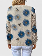 Pull col V femme à motif fleuri, manches longues