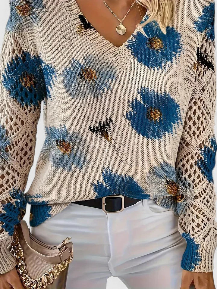 Pull col V femme à motif fleuri, manches longues