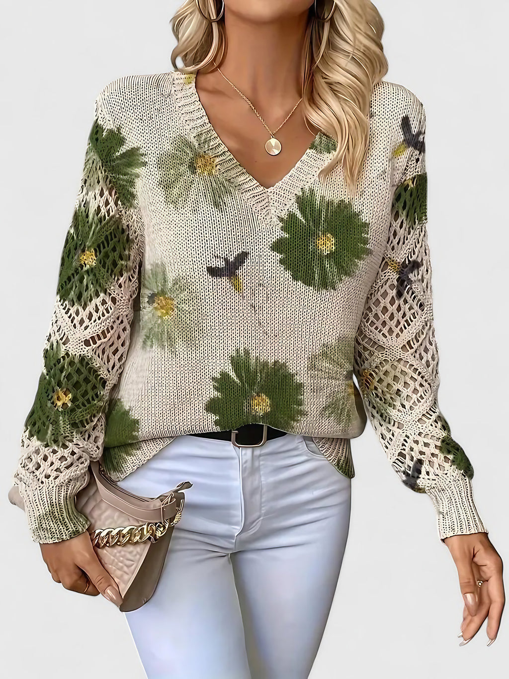 Pull col V femme à motif fleuri, manches longues, vert
