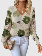Pull col V femme à motif fleuri, manches longues, vert